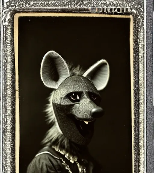 Image similar to professional studio photo portrait of anthro anthropomorphic spotted hyena head animal person fursona wearing elaborate pompous silver skull robes clothes by Louis Daguerre daguerreotype tintype