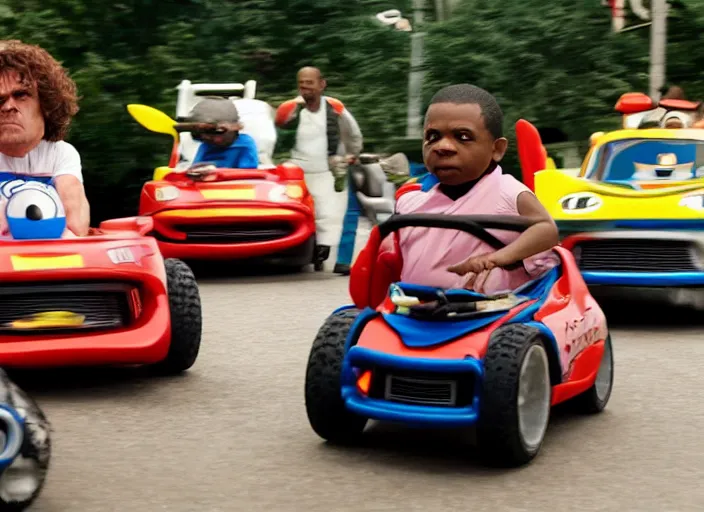 Image similar to peter dinklage racing gary coleman driving a little tikes cars, movie still, from the new fast and furious movie, 8 k, realistic