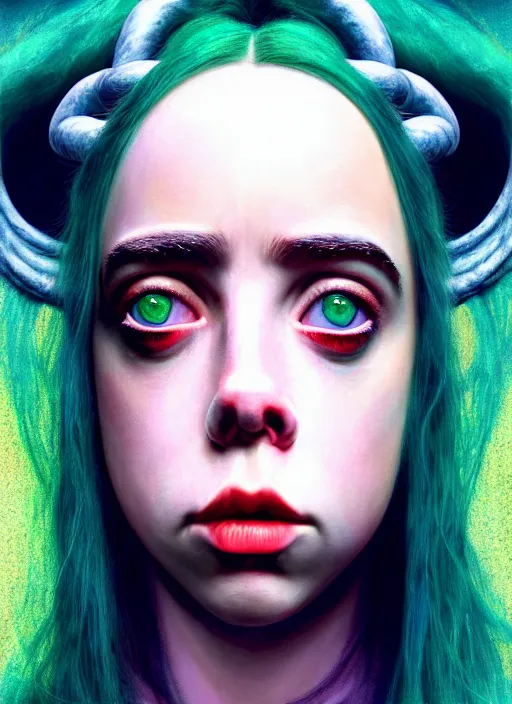 Prompt: Billie Eilish as female loki, goddess of mischief, hyper detail, hyper realistic, octane render, golden hour, gorgeous symmetrical face, elegant, by Gustave Courbet