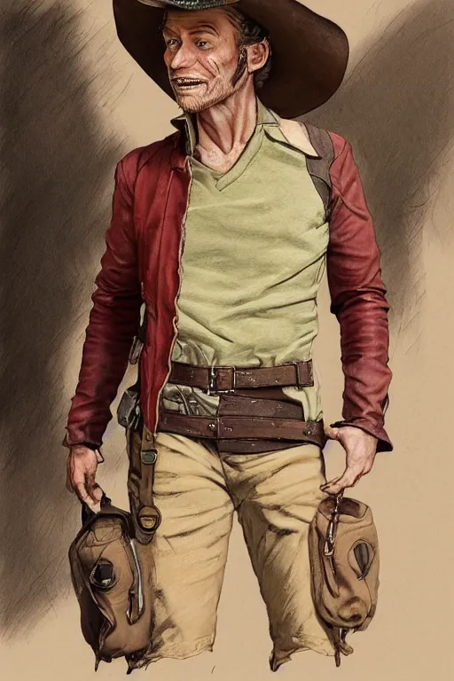 Image similar to character design, reference sheet, 40's adventurer, unshaven, optimistic, stained dirty clothing, straw hat, riding boots, beige t-shirt, dusty dark red bomber leather jacket, shoulder bag, detailed, concept art, photorealistic, hyperdetailed, 3d rendering , art by Leyendecker and frazetta,