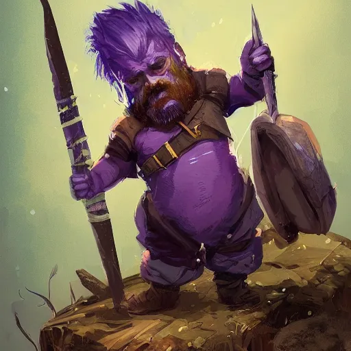 Prompt: male dwarf youth adventurer with purple skin, by Ismail Inceoglu, wearing leather adventuring clothes, shabby, short, kid, bald, wielding knife, happy grin, character portrait closeup, digital art, dungeons and dragon, character