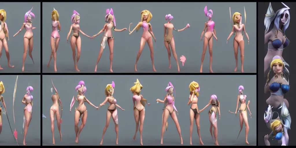 Prompt: character sheet of pool party lux (league of legends), action poses, 3d render, octane render, 4K, highly detailed