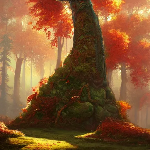 Prompt: overgrown giant copper statue, autumn forest background, fantasy concept art by tyler edlin, antoine blanchard, thomas cole