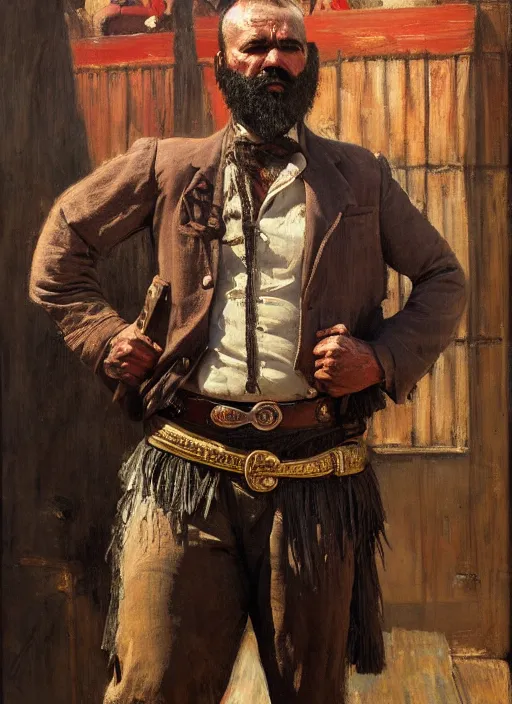 Prompt: Old west circus strongman (rdr2). Iranian orientalist portrait by john william waterhouse and Edwin Longsden Long and Theodore Ralli and Nasreddine Dinet, oil on canvas. Cinematic, hyper realism, realistic proportions, dramatic lighting, high detail 4k