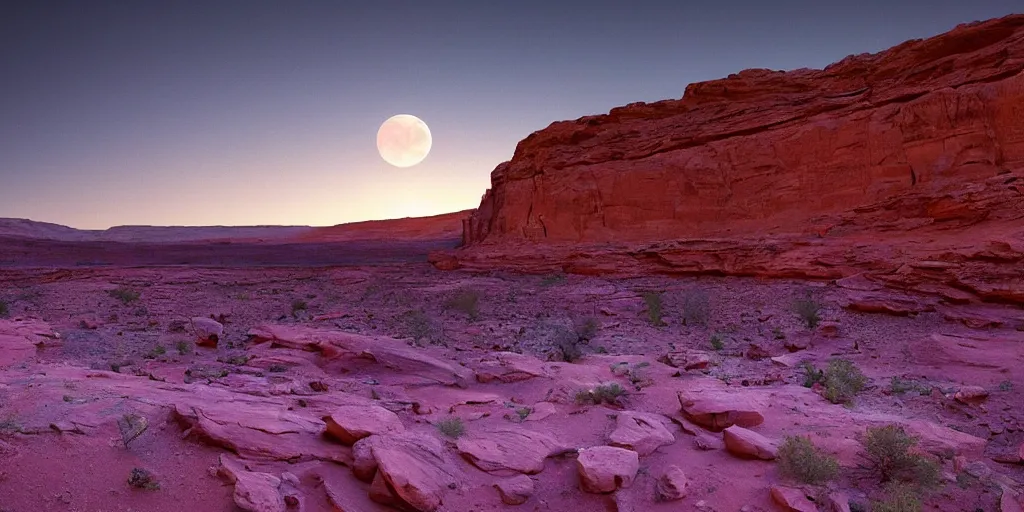 Image similar to a view looking out of a cave of a dried up river bend running through a canyon surrounded by desert mountains at sunset on mars, purple sky, two moons, planet mars, moab, utah, a tilt shift photo by frederic church, trending on unsplash, hudson river school, photo taken with provia, national geographic photo