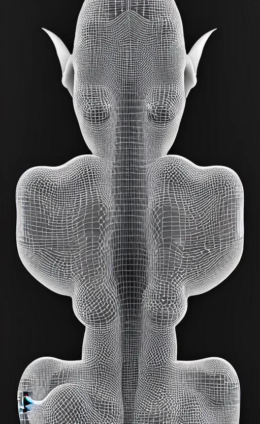 Image similar to a black and white 3D render of a beautiful portrait of a young female angelic-dragon-cyborg face with a very long neck, 150 mm, orchids, Mandelbrot fractal, anatomical, flesh, facial muscles, veins, arteries, full frame, microscopic, elegant, highly detailed, flesh ornate, elegant, high fashion, rim light, ray trace, octane render in the style of H.R. Giger and Man Ray, Realistic, Refined, Digital Art, Highly Detailed, Cinematic Lighting, rim light, black and white, photo-realistic Unreal Engine, 8K