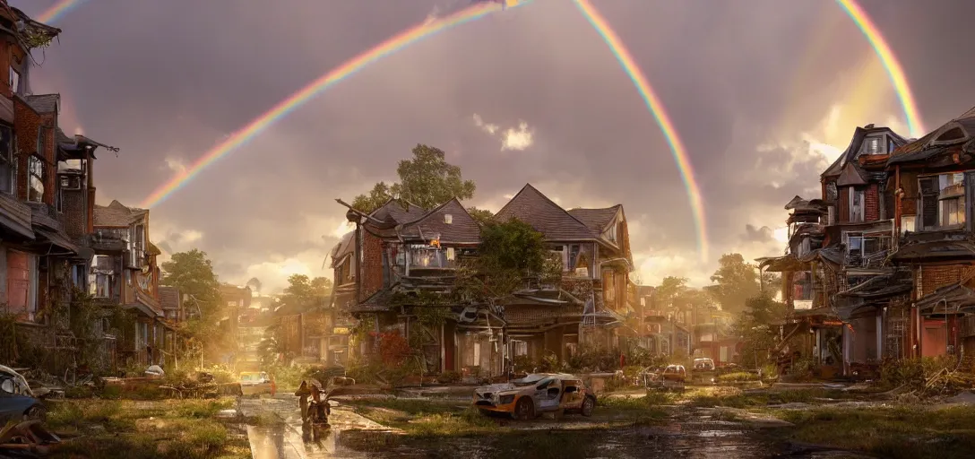 Prompt: A highly detailed crisp unreal engine render of A beautiful suburban townhouse city with overgrowth, perfect double rainbow in the sky, sunrays shine through the parted clouds, robot scraps on the ground, abandoned humanoid robots by wangchen-cg, 王琛,Neil blevins, by Greg Rutkowski, artstation, professional illustration, realistic, ultra detailed, atmospheric, cinematic lighting, movie concept art, hyper detailed, insanely detailed, corona render, octane render, colorful redshift render, 8k