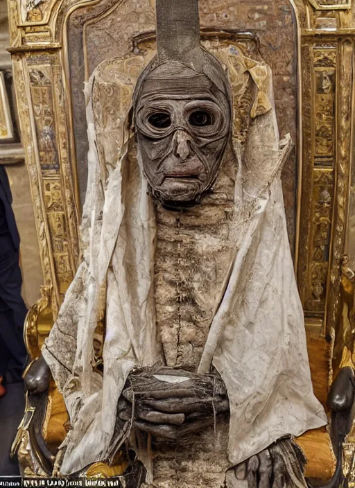 Prompt: mummified pope in his throne at the vatican, desiccated, close - up portrait, mitre, hyper realistic, sharp focus, highly detailed