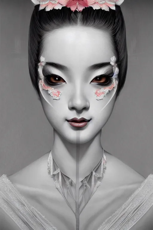 Prompt: hyperrealistic photography of a highly detailed and symmetrical gorgeous geisha female ballerina in the style of vargas and wlop, highly detailed, face symmetry, masterpiece, award - winning, sharp focus, intricate concept art, ambient lighting, 8 k, artstation