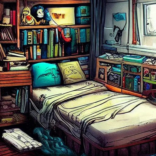 Prompt: detailed room in the sewer lair The room is a clean and delicate room ,over the bed there is a sword rack ,everything is neat ,stack of comics on the floor,soft,light,bright,epic,awesome,digital art, by Simon baek