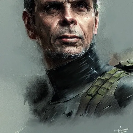 Image similar to portrait of superhero by greg rutkowski, michael biehn wearing a military like kevlar gear, highly detailed portrait, digital painting, artstation, concept art, smooth, sharp foccus ilustration, artstation hq