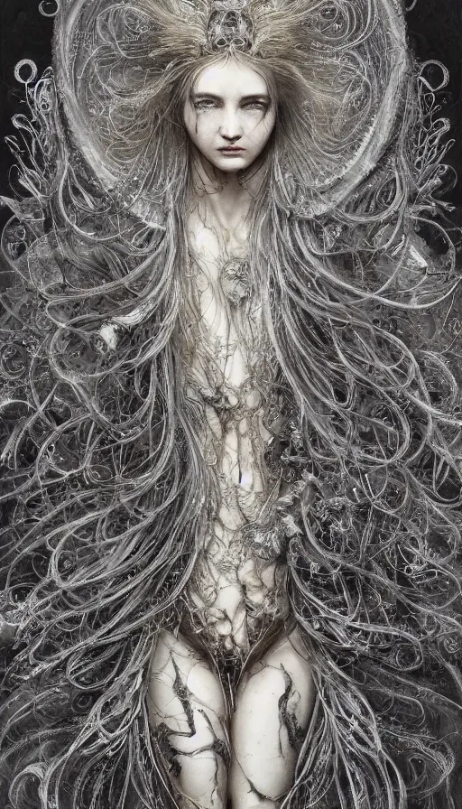 Prompt: ornate, intricate, beautiful, hair, angel, fractal patterns, ethereal, flowing hair, cinematic by tsutomu nihei by emil melmoth, gustave dore, craig mullins, yoji shinkawa, luis royo, skulls, artstation, pete morbacher, hyper detailed, high detail, artstation, rendering by octane, unreal engine, cinematic, ghost, clouds