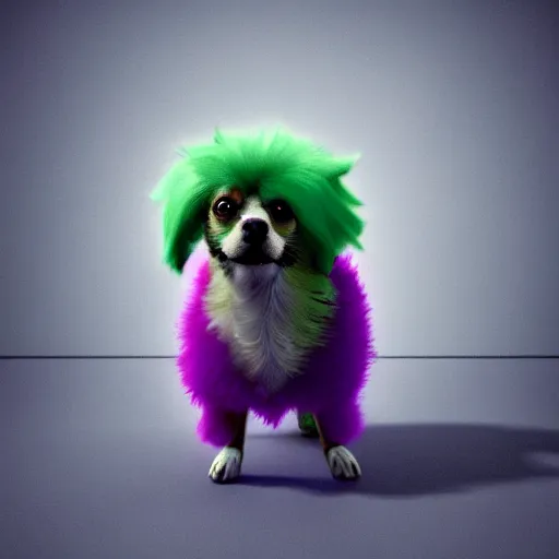Image similar to a photorealistic render of a purple and green fluffy cloud shaped like an chihuahua, 3D octane render, unreal engine, hyperrealistic, 8k, volumetric lighting