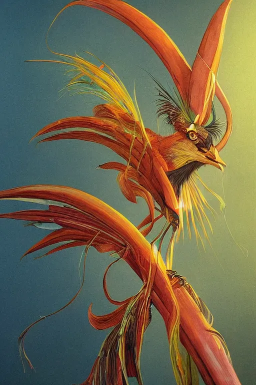 Prompt: king of saxony bird - of - paradise energy, painted by stephen hickman and tom jung and greg theakston and matthew stawicki, trending on artstation, dramatic brown and lime lighting side view illustrator, symbolism, very very intricate, magic realism, minimalism