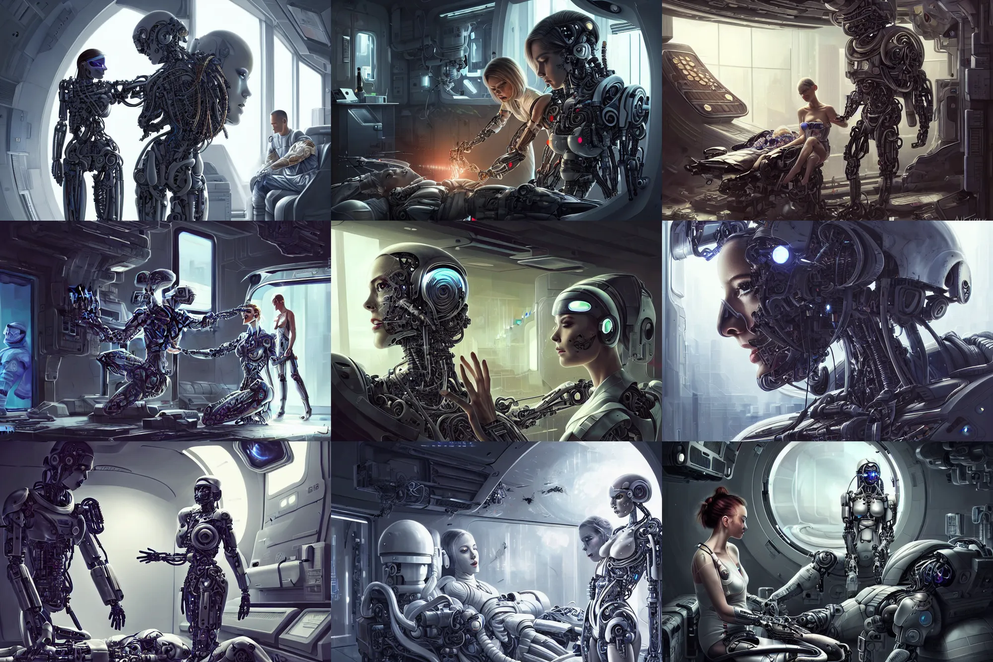 Prompt: Ultra realistic illustration, beautiful alluring damaged cyborg being put back together in an super advanced military medical bay, in a crashed spaceship, while a beautiful alluring astronaut soldier looks on, cyberpunk, sci-fi, fantasy, intricate, elegant, highly detailed, digital painting, artstation, concept art, smooth, sharp focus, illustration, art by artgerm and Yintion J - Jiang Geping and Greg Rutkowski and KyuYong Eom and alphonse mucha