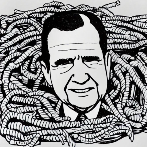 Image similar to child's crayon drawing of richard nixon swimming in spaghetti.