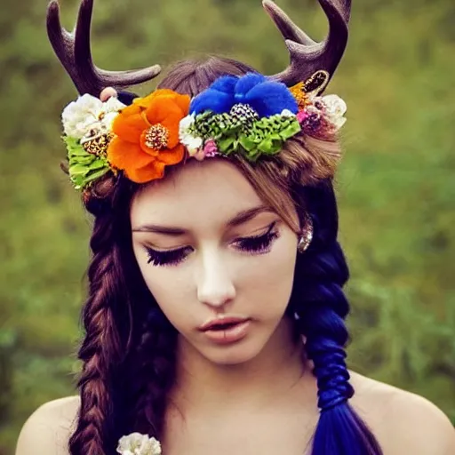 Prompt: a woman with a deer body and long braided hair with a lapis coloured flower crown, wear opale ornaments, cute, full-length, anime, cute, happy, good vibes, beautiful, hd