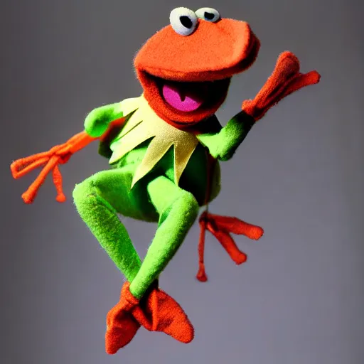 Image similar to kermit meme kermit the frog puppet swinging off a ceiling fan, highly detailed, photo realism, textured puppet, dslr