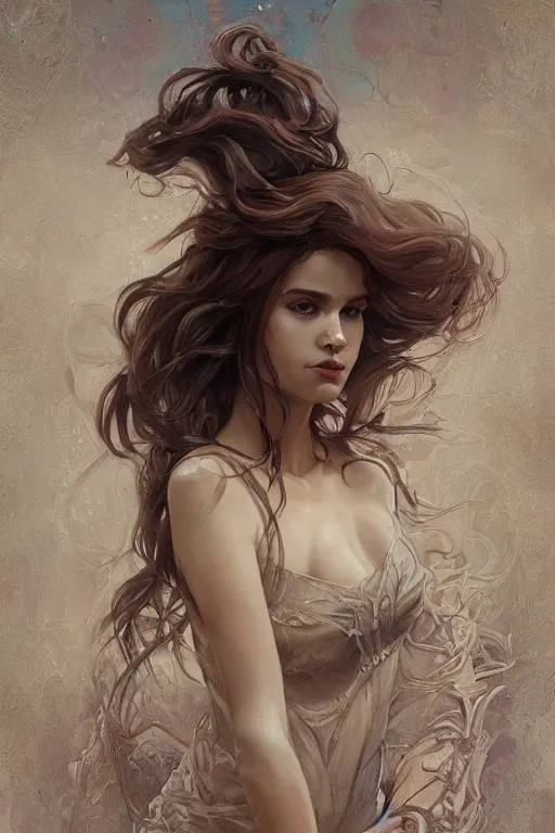 Image similar to portrait of everything, long hair, fantasy, elegant, intricate, full frontal shot, highly detailed, digital painting, artstation, concept art, sharp focus, illustration, art by artgerm and greg rutkowski and alphonse mucha