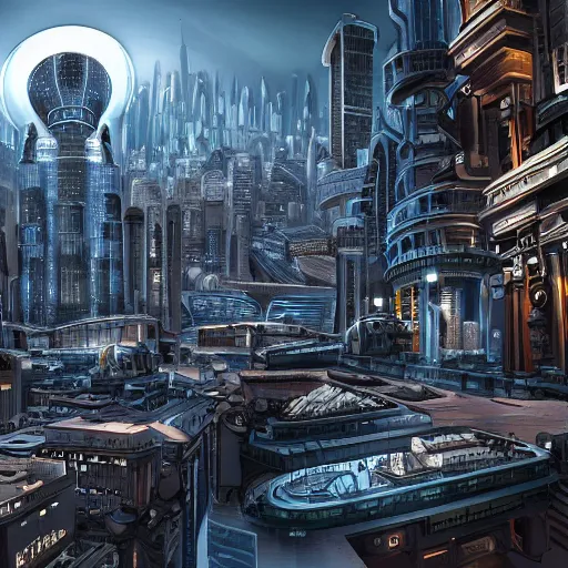 Image similar to futuristic roman empire cityscape with advanced technology, dark setting, 4 k, digital art, detailed.