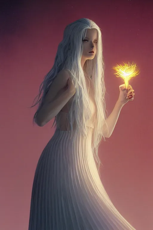 Image similar to magnum opus portrait professional photograph female holding white hair glowing, blush, pleated skirt, flowing hair, slim face, elegant, terry moore, masamune shirow, barclay shaw, karol bak, greg rutkowski