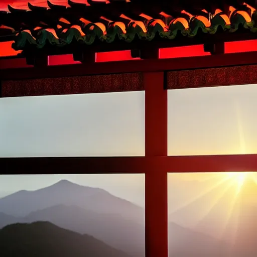 Image similar to photo of sunraise at a Japanese temple, beautiful, golden ratio, instagram, high detail, mist, light rays