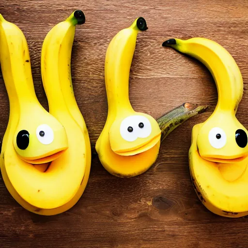 Image similar to professional photograph of banana ducks, peeled bananas with googly eyes and duck beaks