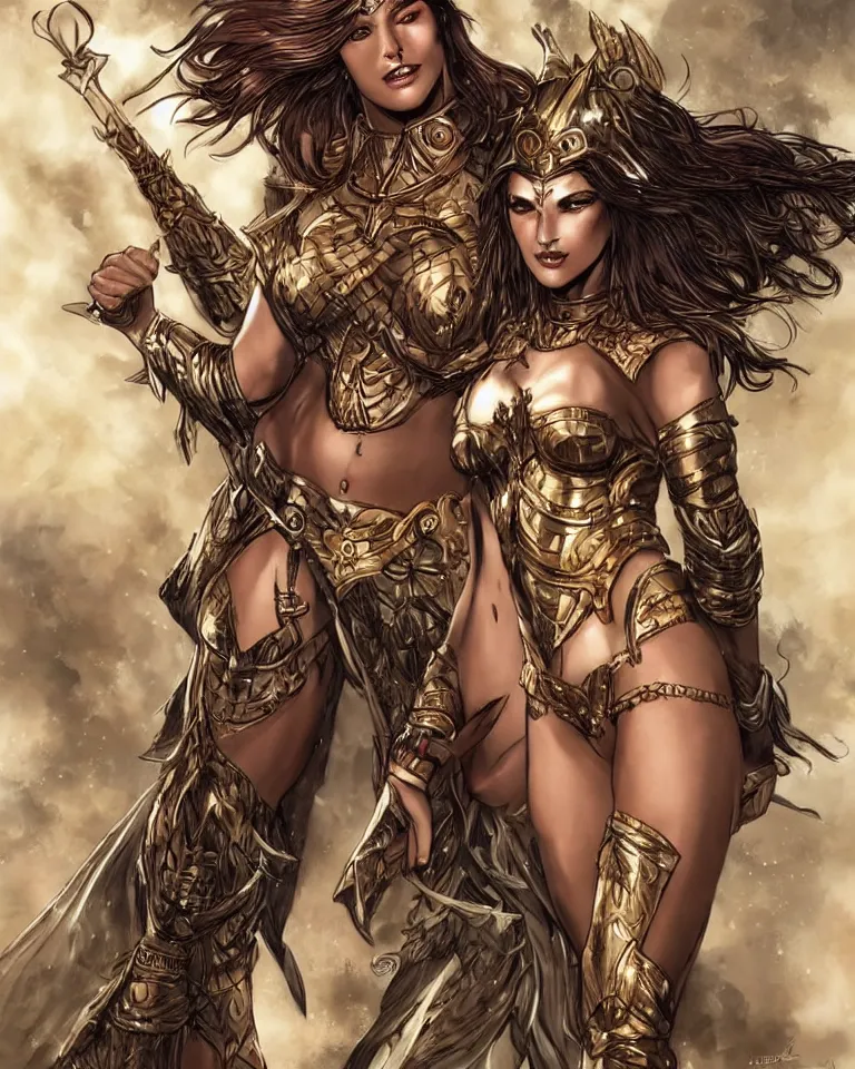 Image similar to cadence lux as an amazon warrior, a tall beautiful woman with brown skin and long hair, dressed in hellenistic body armor, intricate, elegant, highly detailed, smooth, sharp focus, detailed face, art by ardian syaf