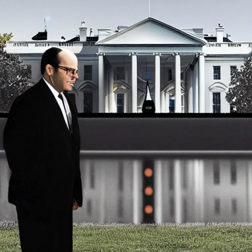 Prompt: president george costanza stands in front of the white house