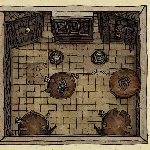 Image similar to Sketch from above of a medieval tavern with one floor, a counter, four round tables and a fireplace, dungeon 6 dragons, high fantasy setting, map