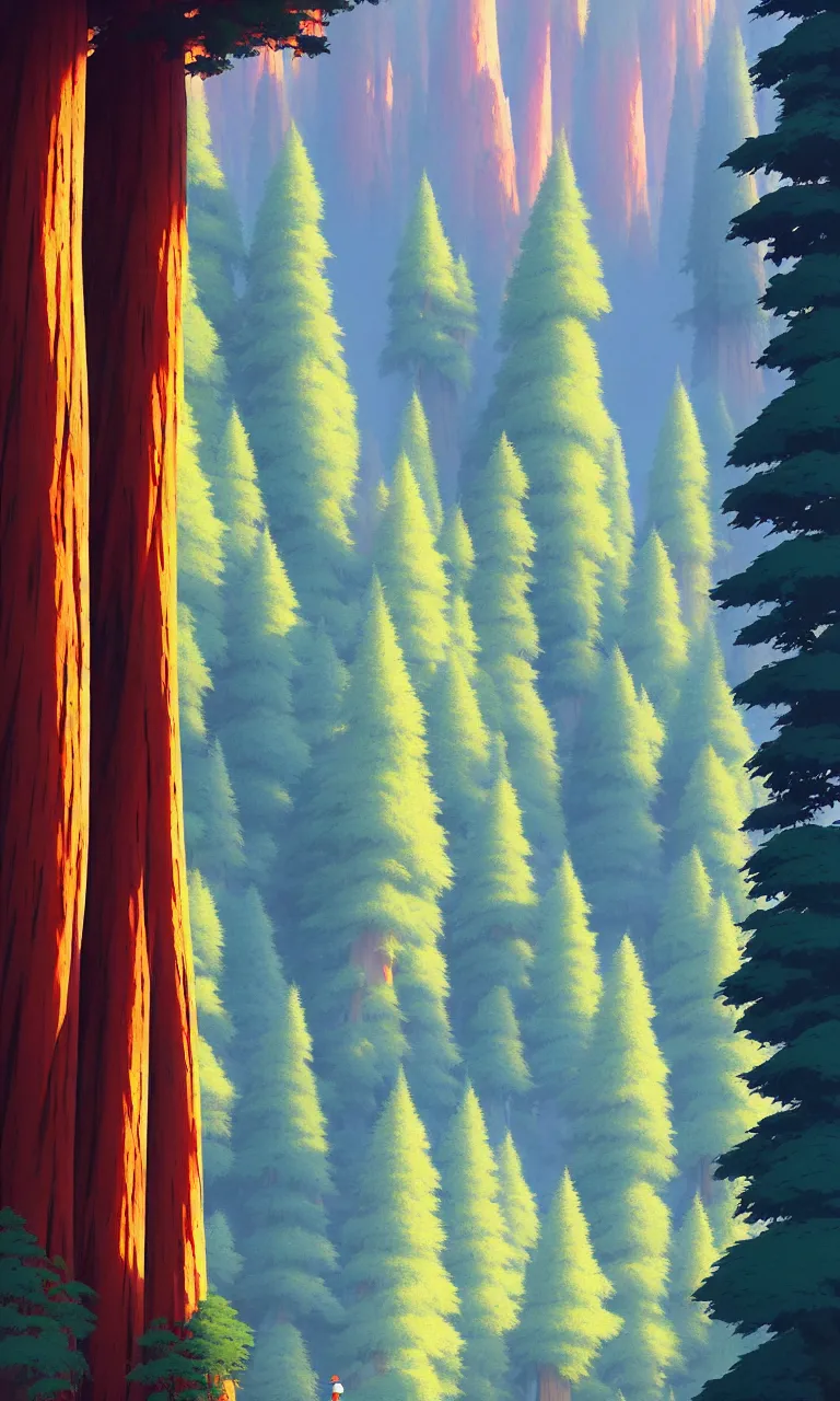 Image similar to Sequoia forest in a colorful moutain with beautiful trees , no people, morning, by studio ghibli painting, superior quality, masterpiece, traditional Japanese colors, by Grzegorz Rutkowski, concept art