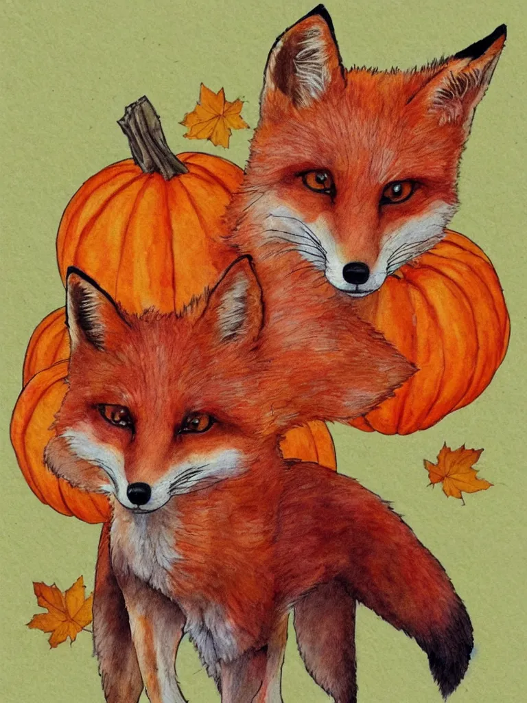 Prompt: autumn a fox with pumpkin watercolor by arti chauhan trending on artstation