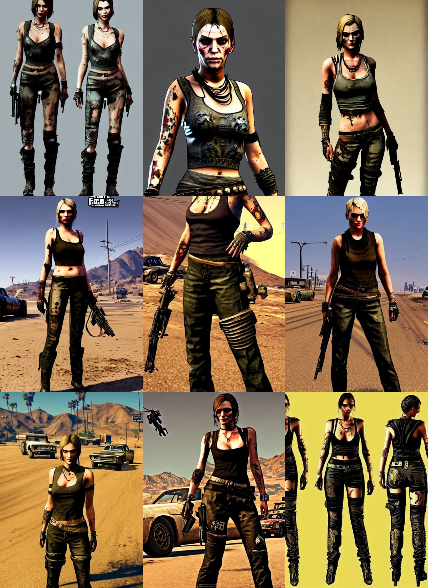 Prompt: full body concept, gtav loading screen style mad max female with beautiful face wearing intricate clothing