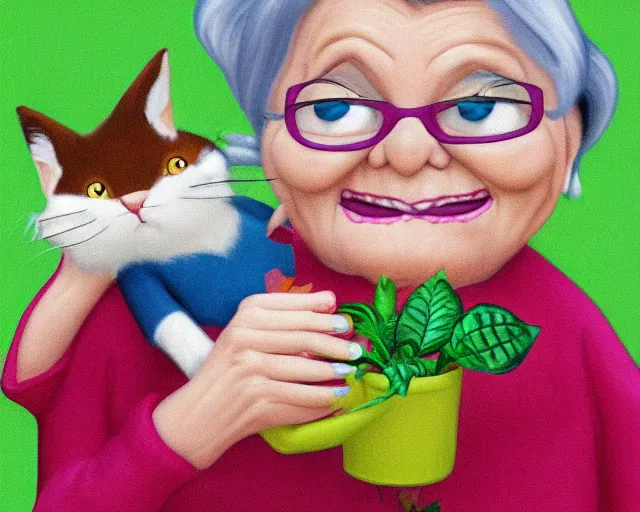 Image similar to detailed cartoon portrait of an old lady and her plant cat, pixar, sharp high quality