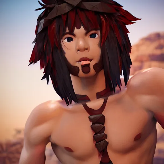 Image similar to 3 d render of a cute tribal anime boy in a loincloth, body paint, lithe, fantasy artwork, fluffy hair, mid - shot, award winning, hyper detailed, very very very beautiful, studio lighting, artstation, unreal engine, unreal 5, 4 k, octane renderer