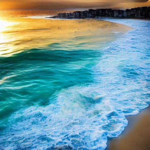 Prompt: Photo of Bondi Beach, sun in the background, ocean, trending on artstation, award winning, high resolution, 300 dpi, beautiful, volumetric lighting, blue sky, turquoise water, highly detailed, limited edition print