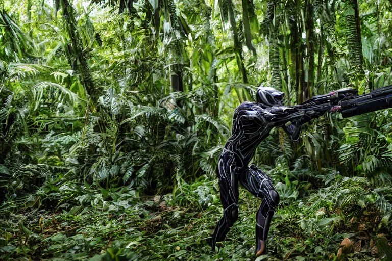 Image similar to Crysis Nanosuit shooting at enemies in a jungle combat photography 2022, Canon EOS R3, f/1.4, ISO 200, 1/160s, 8K, RAW, unedited, symmetrical balance, in-frame,