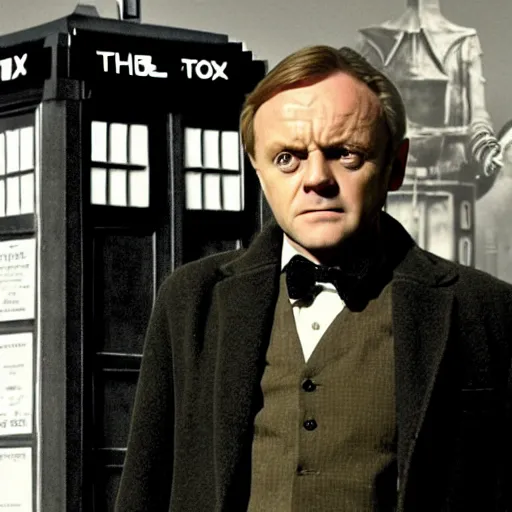 Prompt: high quality, extremely detailed photograph of young anthony hopkins as doctor who in front of tardis, directed by christopher nolan, 2 0 0 9