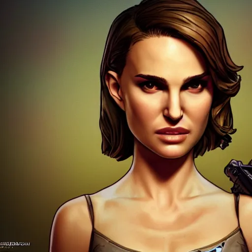 Image similar to natalie portman portrait, borderlands, tales from the borderlands, the wolf among us, comic, cinematic lighting, studio quality, 8 k