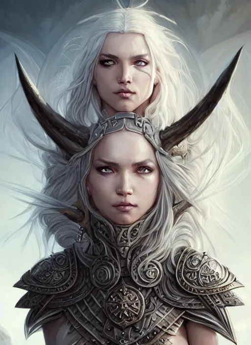 Image similar to barbarian, plated armor!!! long wild white hair!! fantasy, d & d, intricate ornate details, digital painting, beautiful eyes!, pretty face!!, symmetry, concept art, sharp focus, illustration, art by artgerm! greg rutkowski magali villeneuve wlop! ilya kuvshinov!!, octane render