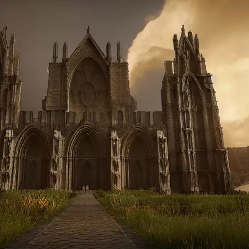 Image similar to imposing abbey, realistic, highly detailed, hd, unreal engine, guillermo del toro