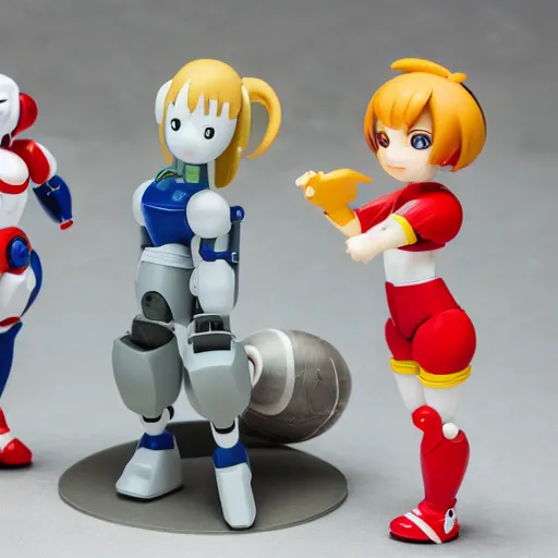 Image similar to photo of figma figures in a diorama of a laboratory : : roll is repairing computers, and she is a cute female ball - jointed robot ( in the style of mega man ) with blonde hair with bangs and a ponytail tied with a green ribbon. she is wearing a red one - piece dress with a white collar, and red boots.