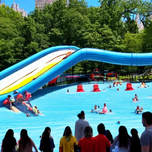 Image similar to photo of a large water park with numerous slides and water rides inside of central park. the new york city skyline is shown in the background.