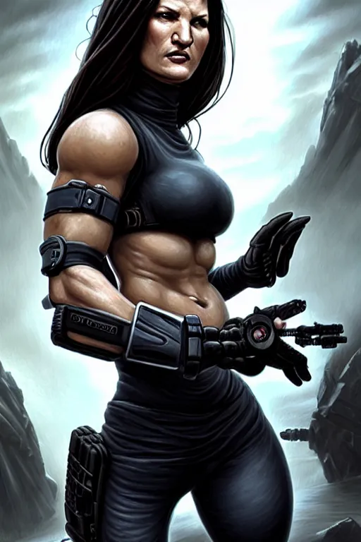 Image similar to gina carano as an ork with cybernetic left arm, casual black clothing, muscular, realistic proportions, casual pose, large portrait, sci - fi, shadowrun, rpg character, digital painting, artstation, concept art, smooth, 8 k frostbite 3 engine, ultra detailed, art by artgerm and greg rutkowski and magali villeneuve