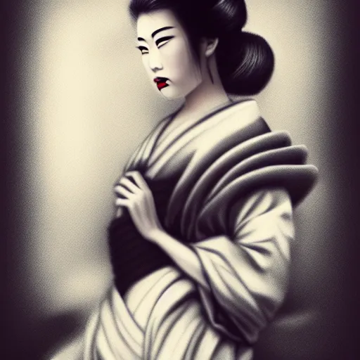 Image similar to gorgeous geisha samurai noir, hyperrealistic, soft focus, sharp, highly detailed