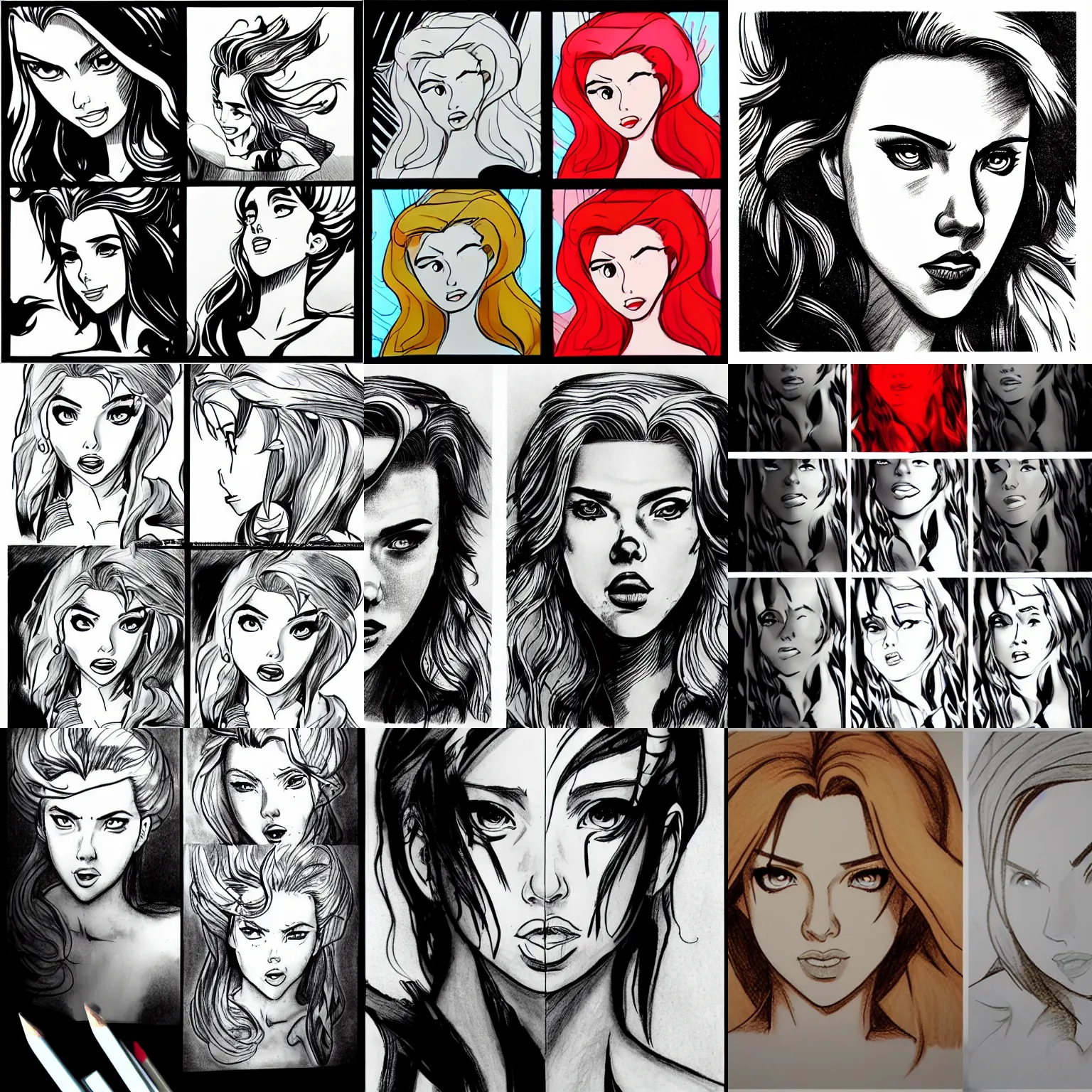 Prompt: 3 panels of scarlett johansson with angry expression in the little mermaid cartoon, dramatic lighting, anime style, pencil and ink manga drawing,