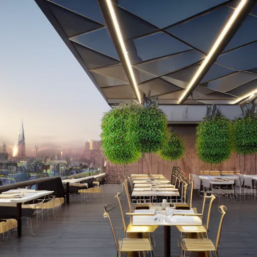 Image similar to modern rooftop restaurant inspired by plant structures and biomimicry, modern lighting, hyper - realistic, hyper - detailed, 8 k, octane rendered, art nouveau, organic, flowing. torsion, dynamic, golden ratio, epic composition