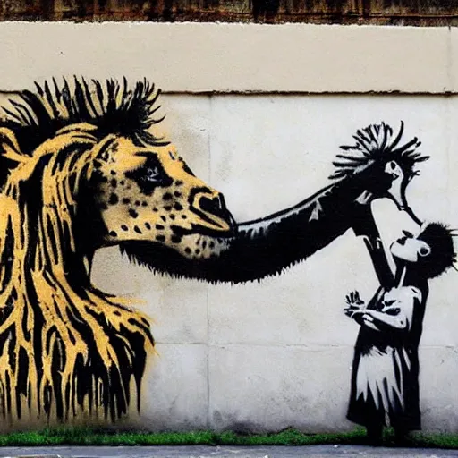 Image similar to a giraffe and a lion painting by banksy, graffiti art.