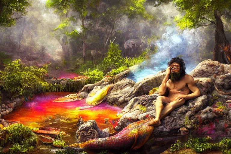 Image similar to highly detailed oil painting of a reptile man sitting in a steaming colorful hotspring with woodland forest backdrop, featured on artstation