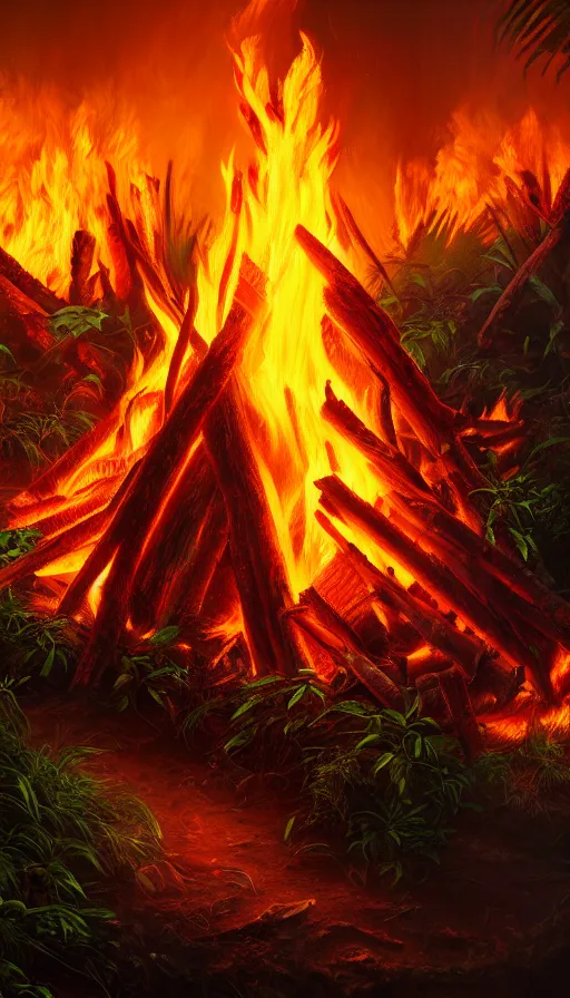 Prompt: highly detailed photo of bonfire in jungle, hyper realistic, art by greg rutsowski, concept art, 8 k detail post - processing